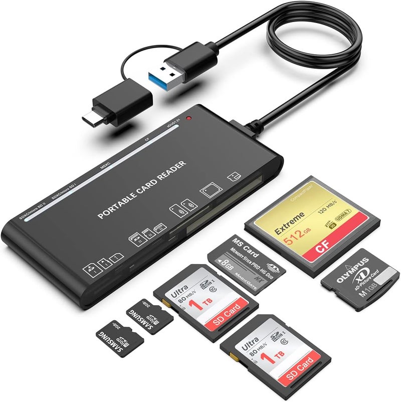 Rocketek USB C USB3.0 Multi Card Reader for SD, CF, Micro SD, XD, MS Cards - 7 in 1 Adapter Hub for Windows, Mac, Linux, Android - Image 1